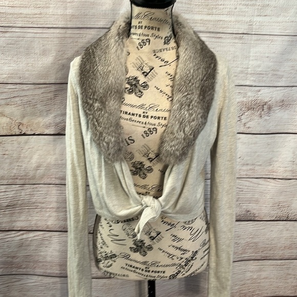 525 America Silk & Cashmere Sweater Cardigan Detachable Rabbit Fur Collar Gray - Picture 2 of 8